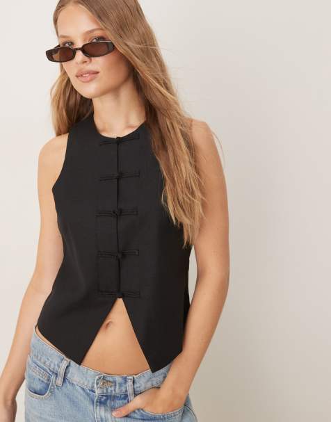 Mango linen blend round neck wasitcoat with knot front detail fastening in black