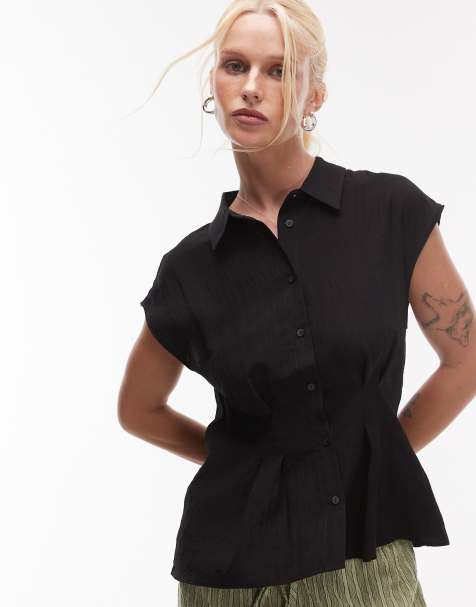Mango sleeveless cinched waist shirt in black 