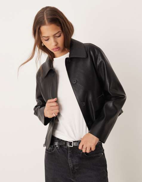 Mango faux leather boxy jacket in black