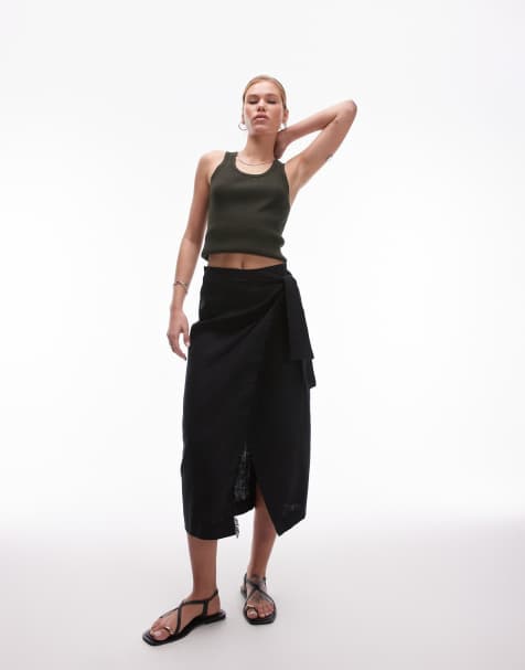 Mango linen wrap skirt in black