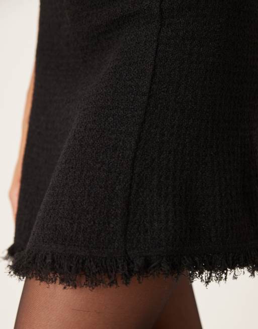 Mango – Czarna spódnica mini z dzianiny boucle z frędzlami, część zestawu, 4 z 5