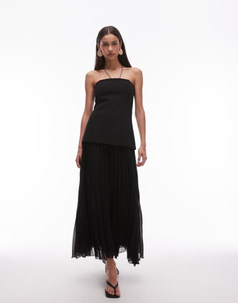 Mango pleated chiffon skirt midi dress in black