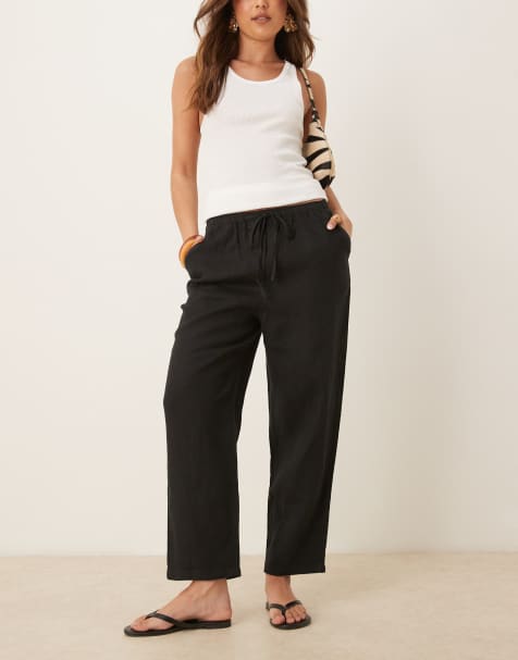 Mango tie waist linen trousers in black