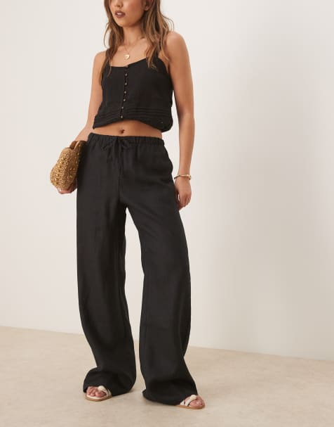 Mango pull on soft touch linen trousers in black