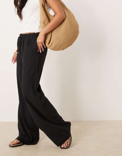 Mango linen mix drawstring straight trouser in black