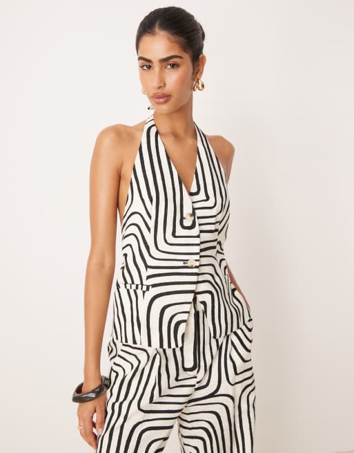 Mango – Czarno-biała elegancka kamizelka z dekoltem halter w abstrakcyjny wzór, część zestawu 