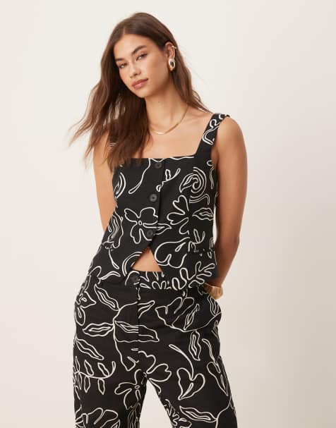 Mango – Czarno-biały elegancki bawełniany top z dekoltem karo we wzór, część zestawu - view 1