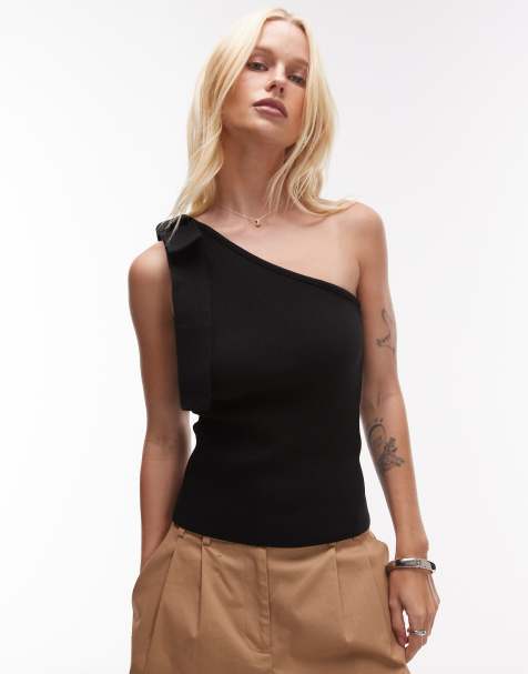 Mango one shoulder tie knitted top in black