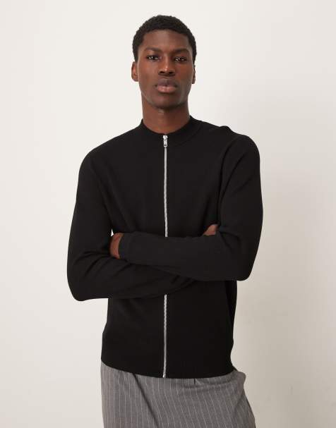 Mango zip through knitted top in black