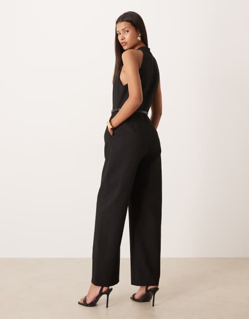 Mango – Czarny kombinezon barrel z dekoltem typu halter i paskiem, 3 z 4