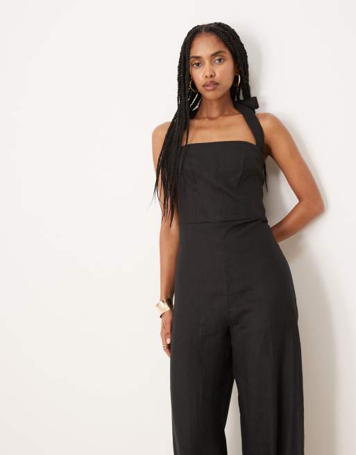Mango – Czarny kombinezon z kwadratowym dekoltem typu halter i zakładkami z przodu, 2 z 4
