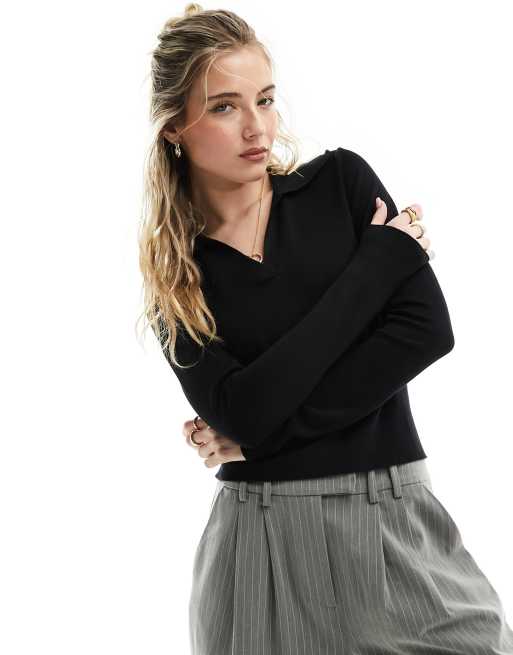 Mango – Czarny lekki sweter z otwartym kołnierzem