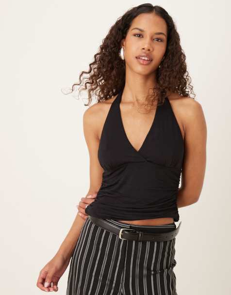 Mango ruched halterneck top in black