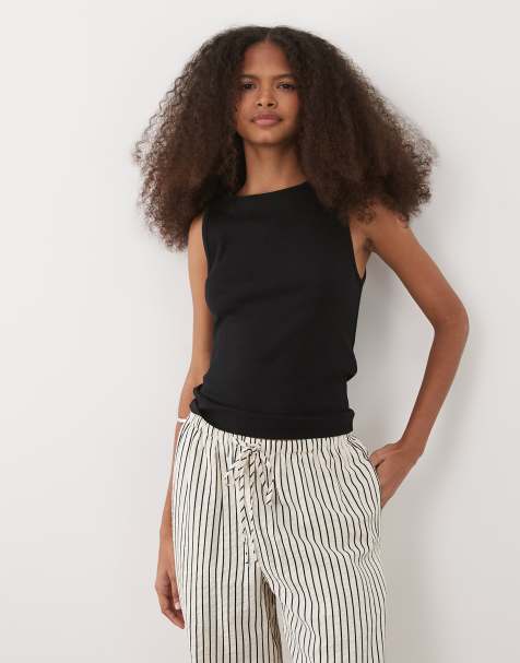 Mango cotton rich ribbed racer vest in black