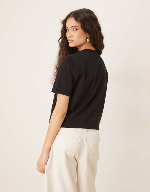 Mango – Czarny T-shirt o luźnym kroju z szydełkowanymi detalami, 4 z 4