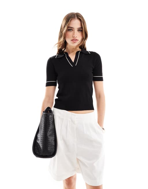 Mango – Czarny top polo z lamówką