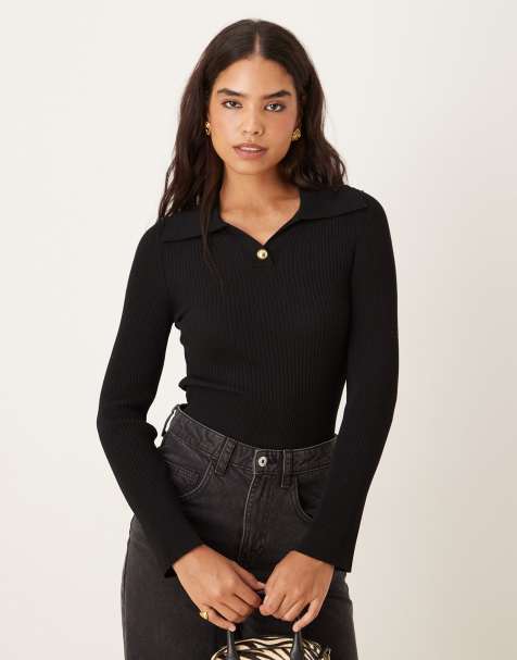 Mango knitted polo top with gold button in black