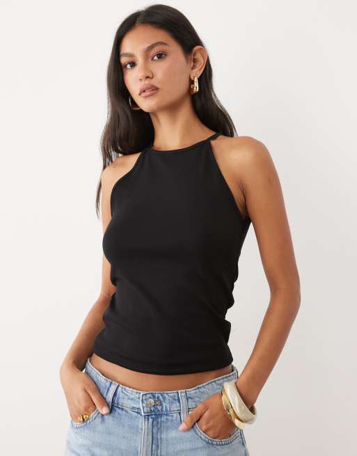 Mango – Czarny top z dekoltem halter z dużą zawartością bawełny, 3 z 4