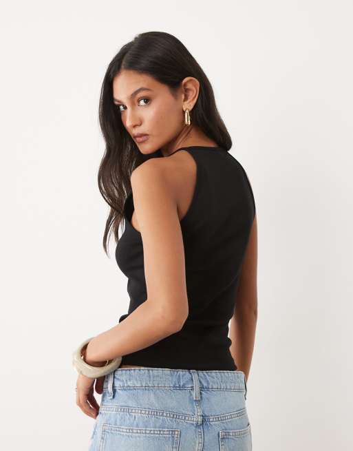 Mango – Czarny top z dekoltem halter z dużą zawartością bawełny, 4 z 4