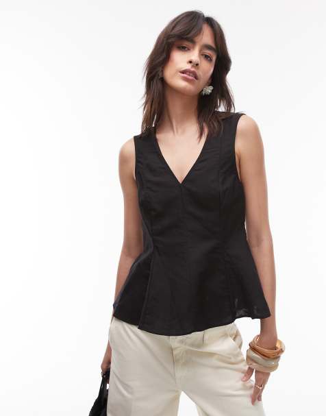 Mango linen mix v-neck peplum top in black