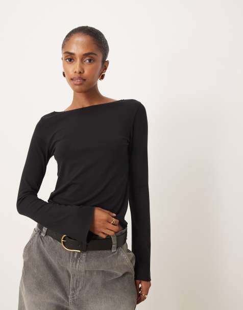 Mango boat neck long sleeve top in black