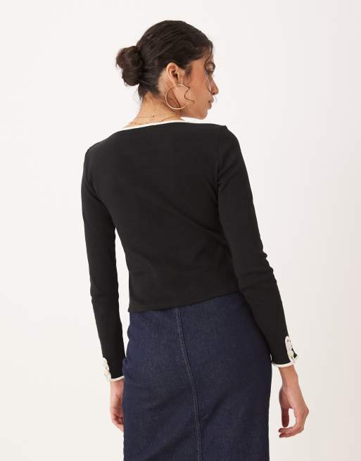 Mango – Czarny top z długimi rękawami i kontrastowymi lamówkami, 100% bawełna, 2 z 4