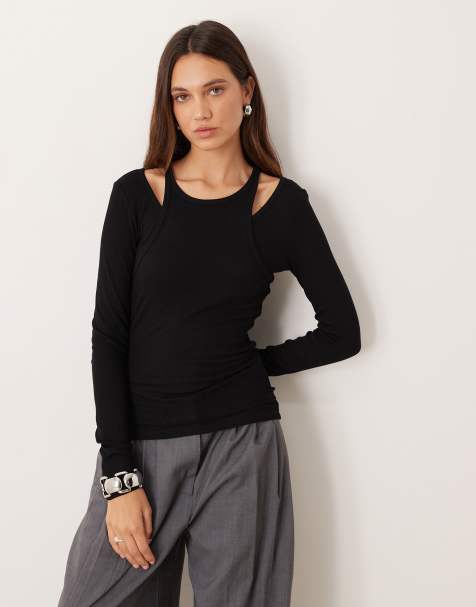 Mango overlay detail long sleeve top in black