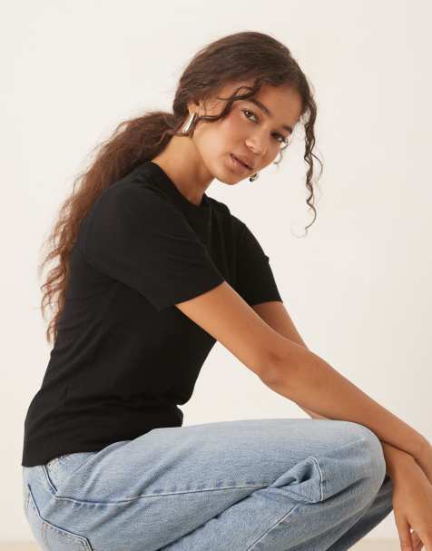 Mango fine knit short sleeve top in black