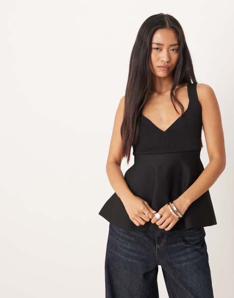 Mango structured v-neck knit peplum hem top in black