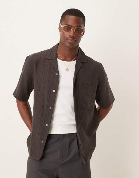 Mango relaxed cotton textured short sleeve shirt in chocolate