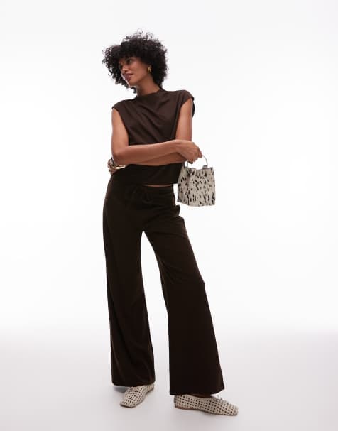 Mango tie waist wide leg polyamide trouser co-ord in chocolate