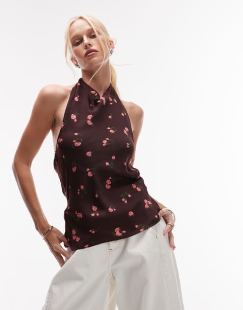 Mango satin open back drape neck floral print top in chocolate
