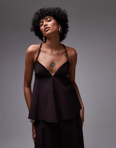 Mango structured open back peplem hem top co-ord in chocolate