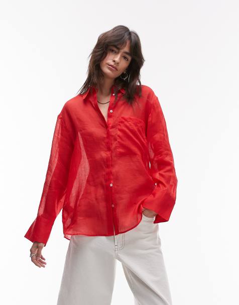 Mango – Czerwona koszula z długimi rękawami z lekko prześwitującej ramii - view 1
