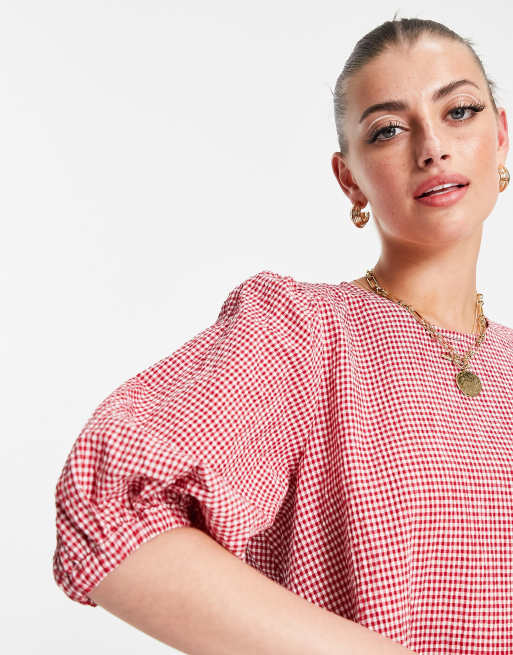 Mango – Czerwona luźna sukienka z bufiastymi rękawami i wzorem w kratkę vichy, 3 z 4