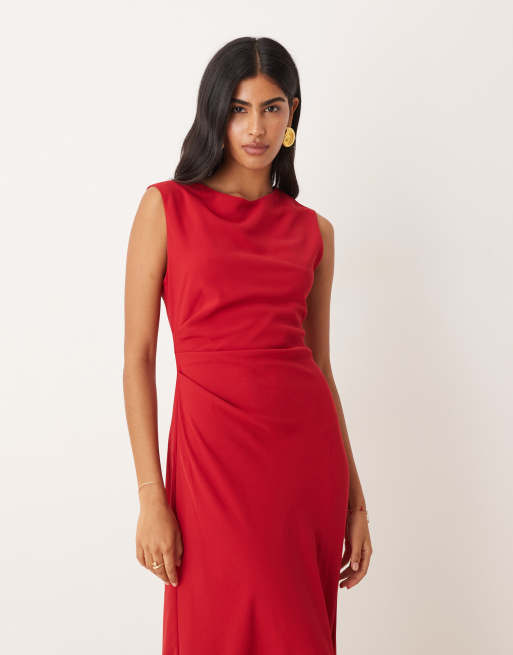 Mango – Czerwona sukienka midi z prostym dekoltem, 4 z 4