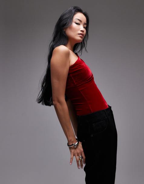 Mango velvet one shoulder bodysuit in red