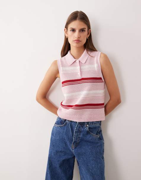 Mango knitted sleeveless polo top in red and pink