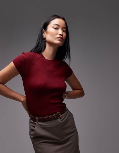 Mango mock neck short sleeve knitted top in red