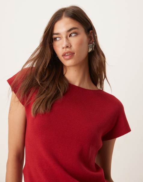Mango cotton mix knitted cap sleeve top in red