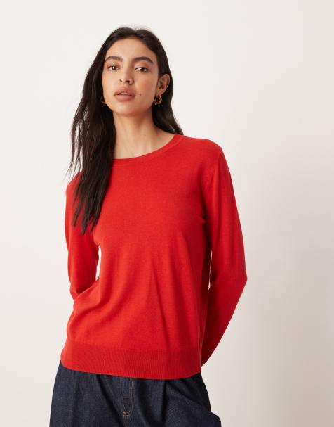 Mango round neck fine knitted top in red