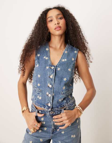 Mango daisy embroidered denim waistcoat co-ord in blue