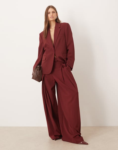 Mango - Dani - Elegante broek met wijde pijpen in bordeauxrood, deel van co-ord set - view 1