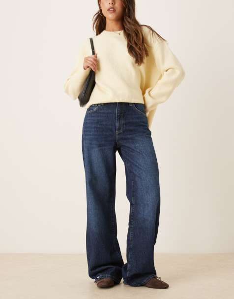 Mango Danila 100% cotton wide leg jean in dark blue