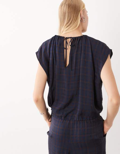 Mango Dara high neck sleeveless top co-ord in blue check print, 3 of 4