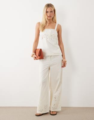 Mango Daria linen mix straight leg pants with embroidered detail in white - part