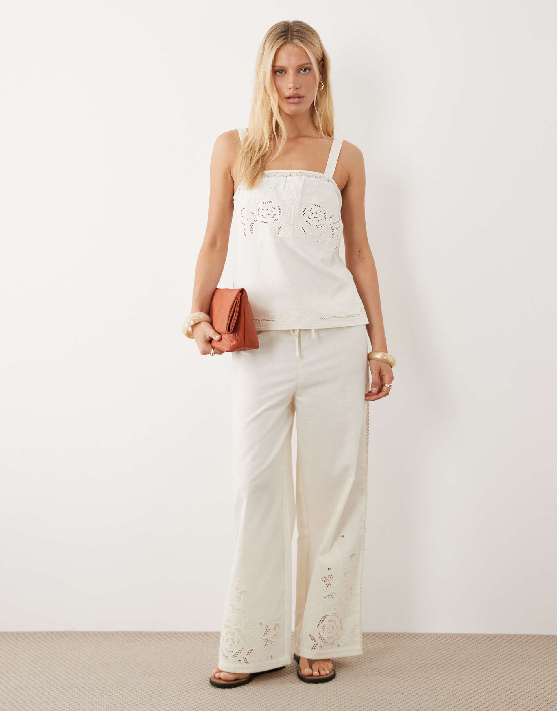 mango daria linen mix straight leg pants with embroidered detail in white - part of a set