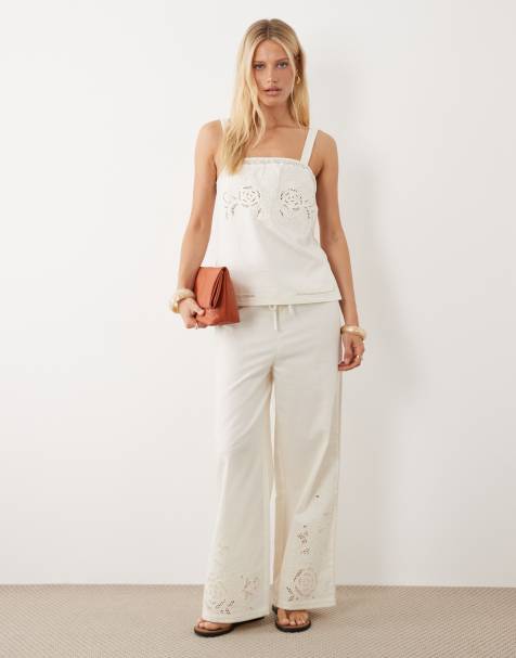 Mango - Daria - Pantaloni dritti in misto lino bianchi con dettagli ricamati in coordinato - view 1