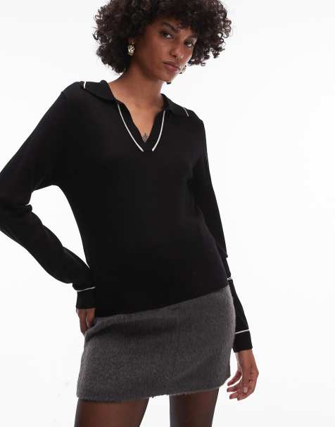 Mango deep v-neck polo top with contrast detail in black - view 1