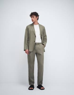 Mango Delave Linen Blend Relaxed Fit Suit Pants In Green